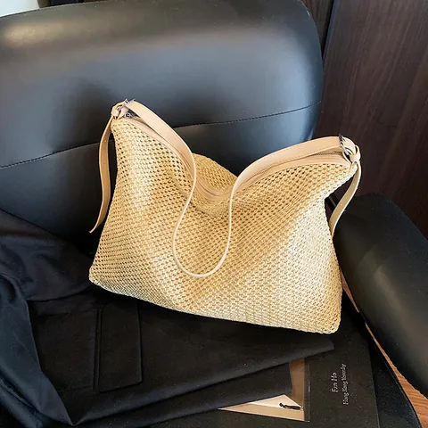 Damen Retro Gewebte Stroh Tragetasche Große Kapazität Umhängetasche Urlaub Strandtasche PU Lederriemen Reißverschluss Hobo Tasche