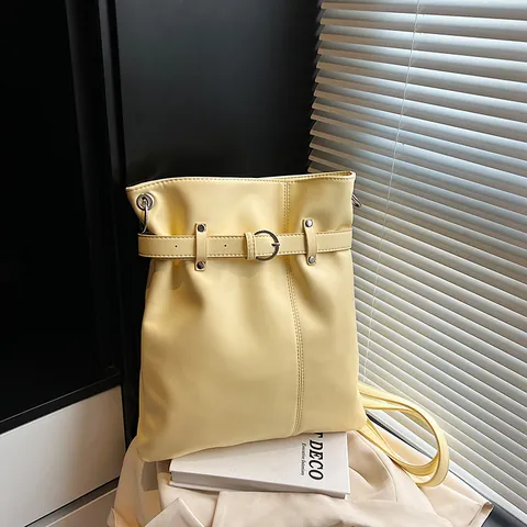 Women Large Capacity PU Leather Bucket Bag Minimalist Shoulder Bag With Belt Buckle Decorative Metal Ring Folded Backpack For Office Daily Travel