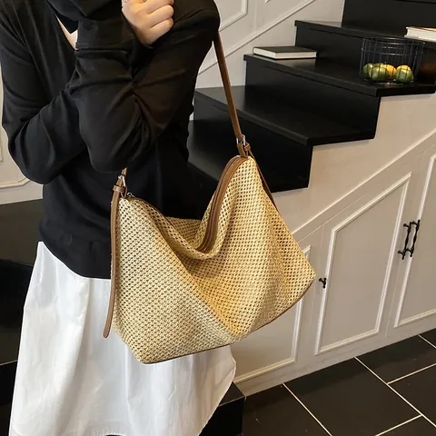 Damen Retro Gewebte Stroh Tragetasche Große Kapazität Umhängetasche Urlaub Strandtasche PU Lederriemen Reißverschluss Hobo Tasche