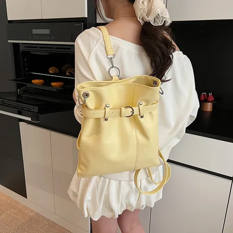 Women Large Capacity PU Leather Bucket Bag Minimalist Shoulder Bag With Belt Buckle Decorative Metal Ring Folded Backpack For Office Daily Travel