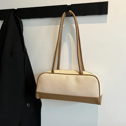 Borsa Sottobraccio Minimalista da Donna in Tela e Pelle PU Patchwork Grande Capacità Tracolla Casual Vintage per Quotidiano