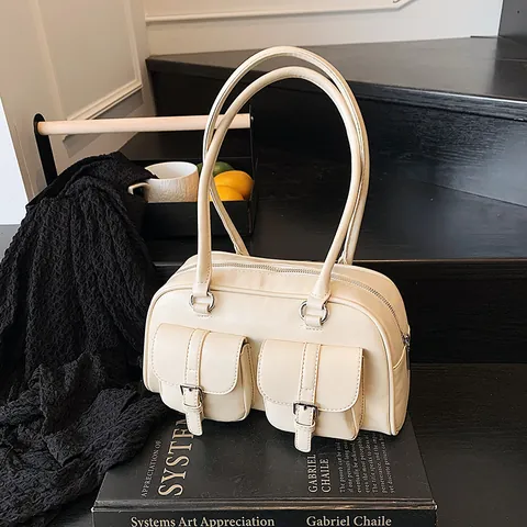 Vintage PU Leder Unterarmtasche Damen Umhängetasche Mit Doppelten Vordertaschen Retro Workwear Fashion Handtasche