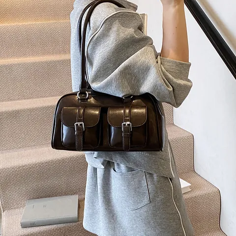 Vintage PU Leder Unterarmtasche Damen Umhängetasche Mit Doppelten Vordertaschen Retro Workwear Fashion Handtasche