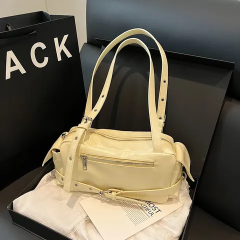 Damen PU Leder Umhängetasche Große Kapazität Multi Reißverschluss Umhängetasche Y2K Stil Baguette Tasche Mit Verstellbarem Gurt