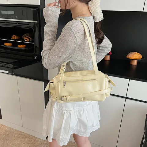 Damen PU Leder Umhängetasche Große Kapazität Multi Reißverschluss Umhängetasche Y2K Stil Baguette Tasche Mit Verstellbarem Gurt