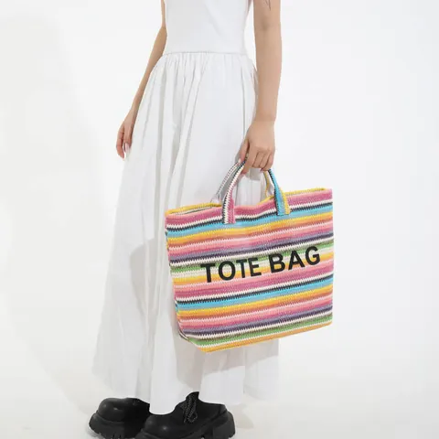 Damen Große Kapazität Handgewebte Stroh Tragetasche Bunte Streifen Bestickt Sommer Strand Urlaub Schultertasche