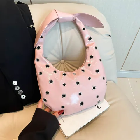 Damen PU Lackleder Hobo Tasche Mit Nietenen Ösen Geknoteter Schultergurt Y2K Punk Stil Schulter Handtasche