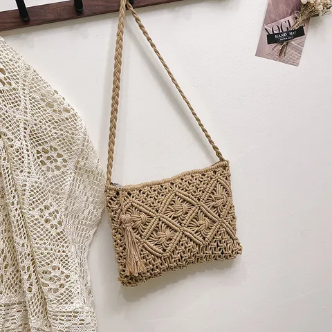 Boho Handgefertigte Gewebte Baumwollseil Umhängetasche Für Damen Macrame Diamantmuster Quaste Schultertasche Mit Reißverschluss Sommer Strand Urlaub Handtasche