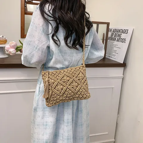 Boho Handgefertigte Gewebte Baumwollseil Umhängetasche Für Damen Macrame Diamantmuster Quaste Schultertasche Mit Reißverschluss Sommer Strand Urlaub Handtasche