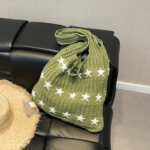 Γυναικεία Πλεκτή Τσάντα Tote με Σχέδιο Αστέρι Μεγάλης Χωρητικότητας Τσάντα Ώμου Casual Boho Χειροποίητη Τσάντα Ψωνίων Πλεκτή