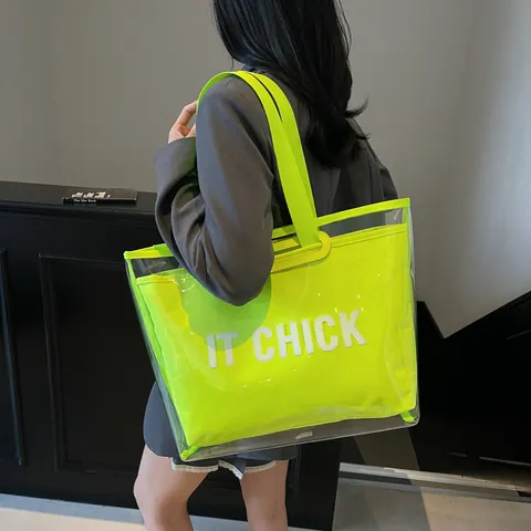 Women Large Capacity Transparent PVC Tote Bag With Letter Print Canvas Inner Pouch Summer Fashion Jelly Shoulder Handbag