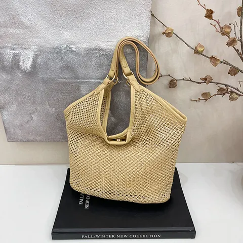 Women Large Capacity Straw Woven Tote Bag Summer Hollow Out Mesh Shoulder Bag With PU Leather Trim Vacation Beach Casual Handbag