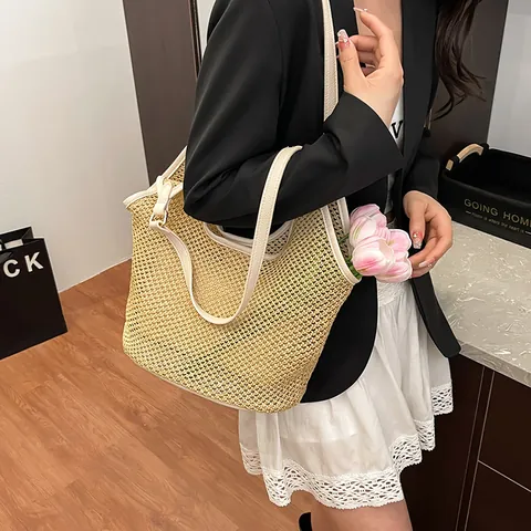 Women Large Capacity Straw Woven Tote Bag Summer Hollow Out Mesh Shoulder Bag With PU Leather Trim Vacation Beach Casual Handbag