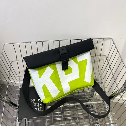 Polyester Roll-Top Messenger Bag With KP7 Print Unisex Student Korean Style Crossbody Shoulder Bag For Outdoor Daily School