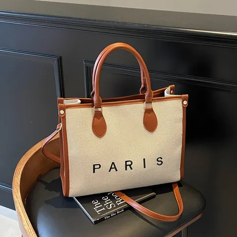 Bolso Tote de Lona para Mujer Moda Gran Capacidad Bolso de Mano Bolso de Hombro Con Estampado de Letras PARIS Ribete de Cuero en Contraste