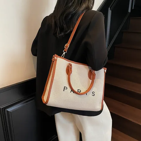 Bolso Tote de Lona para Mujer Moda Gran Capacidad Bolso de Mano Bolso de Hombro Con Estampado de Letras PARIS Ribete de Cuero en Contraste