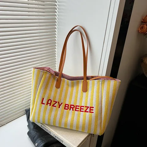 Bolso Tote de Lona a Rayas de Gran Capacidad para Mujer Bolso de Hombro Casual de Rayas Verticales Con Asa de Cuero PU
