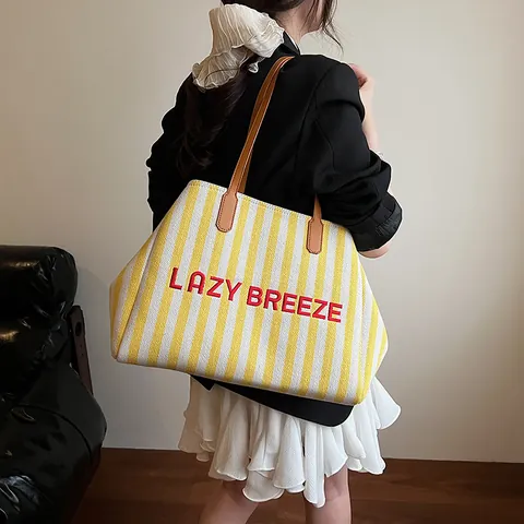 Bolso Tote de Lona a Rayas de Gran Capacidad para Mujer Bolso de Hombro Casual de Rayas Verticales Con Asa de Cuero PU