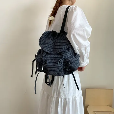 Women Korean Style Plaid Canvas Backpack Large Capacity Student School Bag Bow Decoration Girly Casual Fashion Backpack