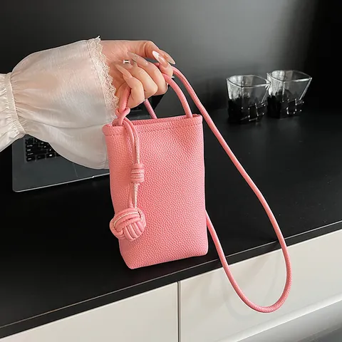 Borsa per Cellulare da Donna Semplice in Pelle PU con Motivo Litchi Mini Borsa a Tracolla Verticale con Decorazione a Sfera
