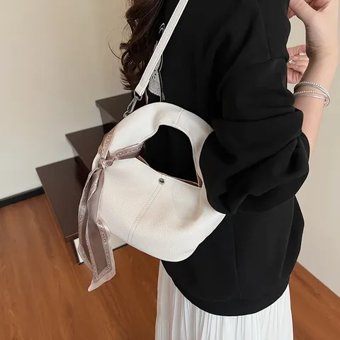 Damen Mode PU Leder Wolken Tasche Litschi Muster Hobo Tasche Handtasche Mit Satin Schal Schulter Umhängetasche