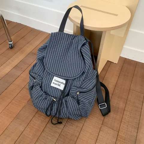 Mochila de Nailon Ligera de Gran Capacidad para Mujer Vintage a Cuadros con Cordón Bolso de Hombro de Moda para Viajes Diarios