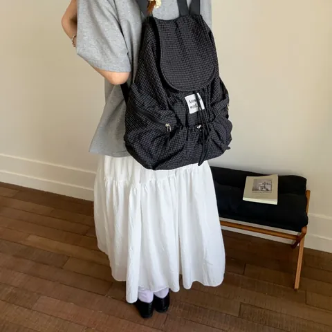 Mochila de Nailon Ligera de Gran Capacidad para Mujer Vintage a Cuadros con Cordón Bolso de Hombro de Moda para Viajes Diarios
