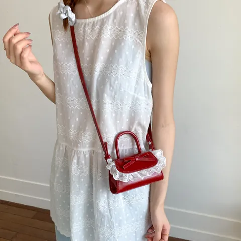 Sweet Lolita Style Mini PU Crossbody Bag Women Lace Bow Decor Handbag Small Square Shoulder Bag Elegant Lady Purse