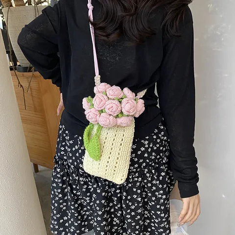 Bolso para Teléfono Móvil de Ganchillo Hecho a Mano con Rosas de Algodón Mini Bolso Bandolera Estilo Pastoral Dulce para Mujer