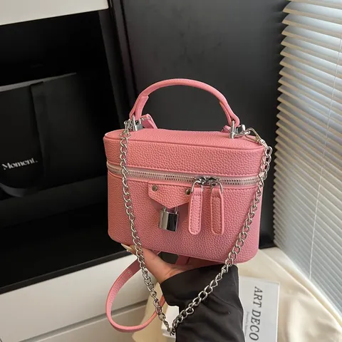 Bolso de Mano de Moda para Mujer en Cuero PU con Patrón de Lichi Bolso Bandoulière Retro con Cadena y Cerradura Plateada