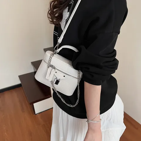 Bolso de Mano de Moda para Mujer en Cuero PU con Patrón de Lichi Bolso Bandoulière Retro con Cadena y Cerradura Plateada