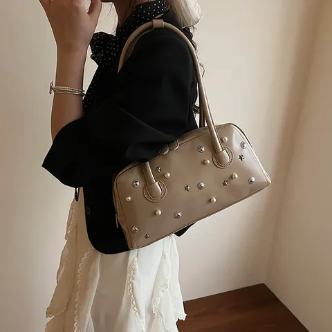 Vintage Künstliche Perle Stern Niete PU Leder Schultertasche Für Damen Große Kapazität Retro Unterarm Handtasche Modische Pendler Tote
