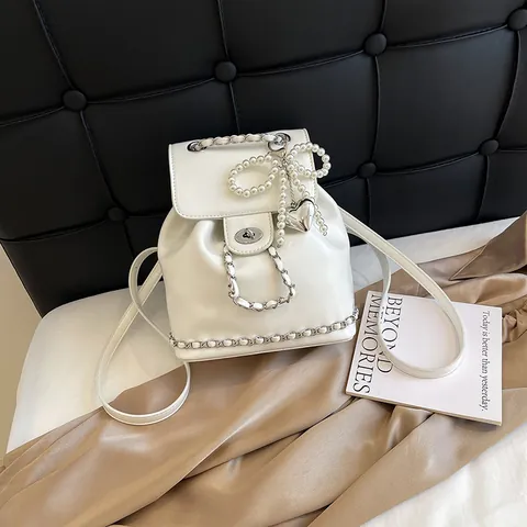 Korean Fashion Mini Backpack PU Leather Pearl Bow Heart Charm Chain Strap Shiny Quilted Backpack For Women Travel School