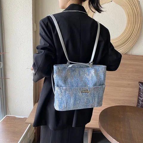 Fashion Sequin Denim Tote Bag For Women Large Capacity Shoulder Bag With Metal Logo Chic Wavy Pattern Casual Commuting Bag