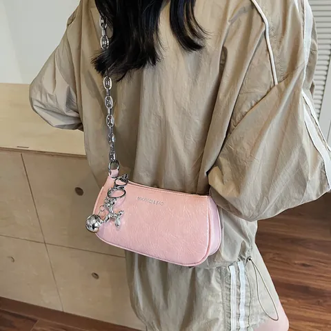 Women's Fashion Underarm Bag PU Leather Solid Color Crinkle Texture Shoulder Bag With Metal Chain And Charms Vintage Style