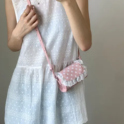 Sweet Polka Dot Lace Mini Shoulder Bag PU Leather Small Square Crossbody Bag Lipstick Pouch For Women Girls Accessories