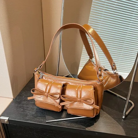 Damen Glänzend PU Leder Umhängetasche Retro Schleife Doppel Tasche Unterarmtasche Mode Messenger Tasche Für Den Alltag Damen