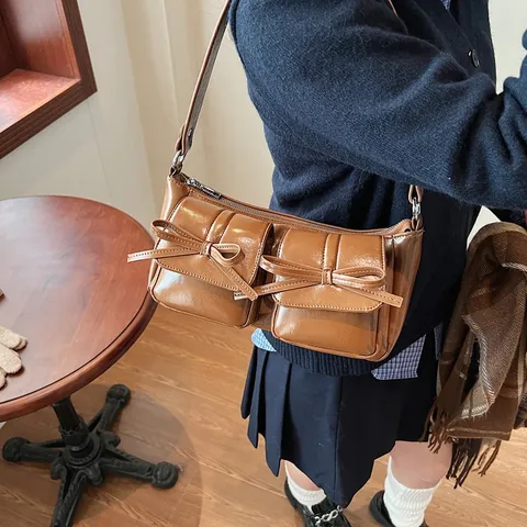 Damen Glänzend PU Leder Umhängetasche Retro Schleife Doppel Tasche Unterarmtasche Mode Messenger Tasche Für Den Alltag Damen