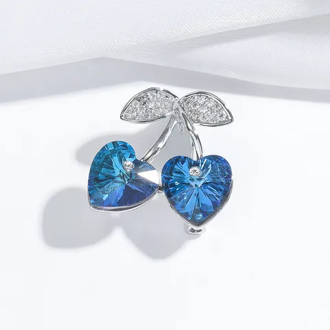 Broche de Cereza de Cristal Azul con Forma de Corazón para Mujer Alfiler de Solapa de Cobre Plateado con Hoja de Circón para Traje Abrigo Vestido Regalo