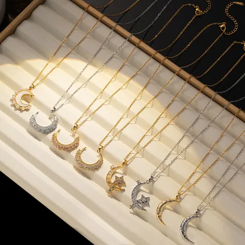 Elegant Titanium Steel Star Moon Pendant Necklace For Women Zirconia Shell Pearl Inlaid Gold Silver Plated Jewelry Gift