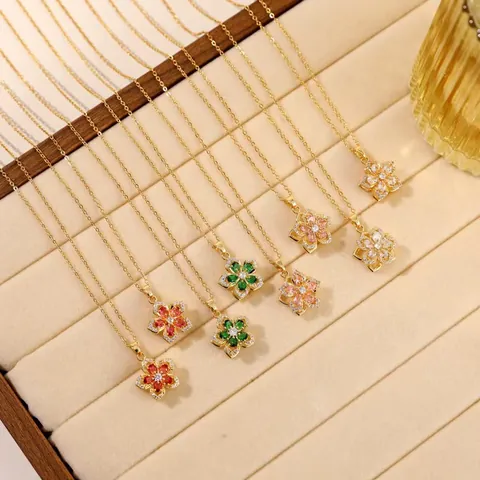 Titanium Steel Rotating Bauhinia Flower Pendant Necklace Luxury Zirconia Inlaid Gold Plated Temperament Jewelry For Women Gift