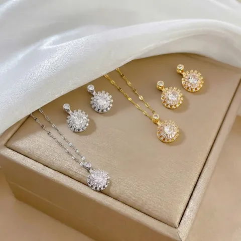 Rotating Sunflower Zirconia Jewelry Set Titanium Steel Gold Silver Plated Necklace Stud Earrings Adjustable Ring Women Jewelry