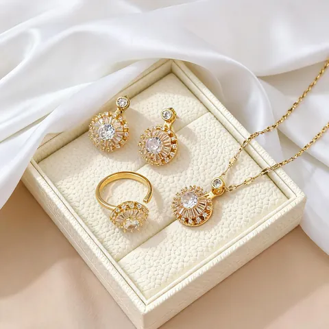 Rotating Sunflower Zirconia Jewelry Set Titanium Steel Gold Silver Plated Necklace Stud Earrings Adjustable Ring Women Jewelry