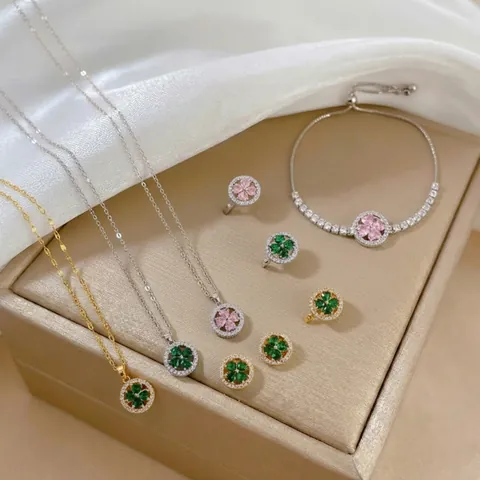Rotating Clover Jewelry Set Stainless Steel Copper Zirconia Heart Pink Green Flower Necklace Ring Earrings For Women Gift