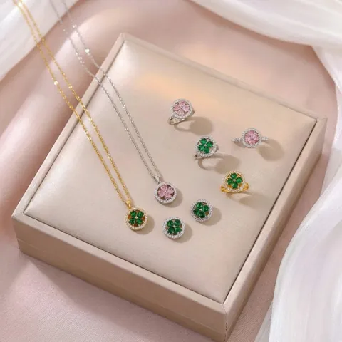Rotating Clover Jewelry Set Stainless Steel Copper Zirconia Heart Pink Green Flower Necklace Ring Earrings For Women Gift