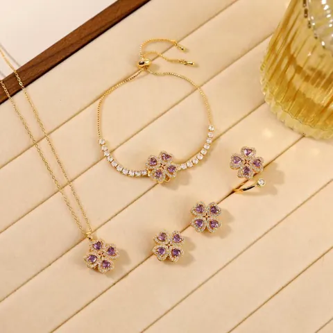 Romantic Purple Heart Four Leaf Clover Rotating Necklace And Earrings And Ring And Bracelet Copper Zircon Gold Jewelry