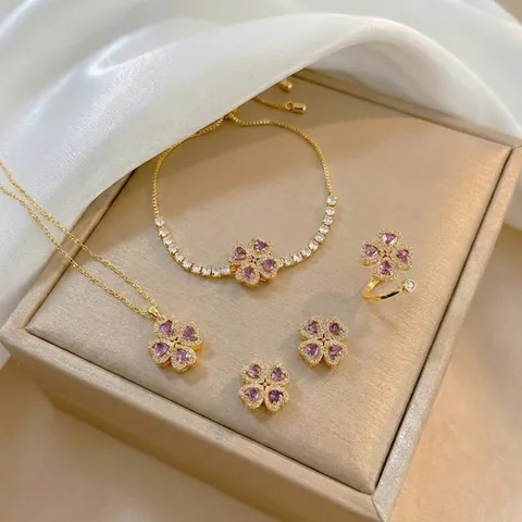 Romantic Purple Heart Four Leaf Clover Rotating Necklace And Earrings And Ring And Bracelet Copper Zircon Gold Jewelry