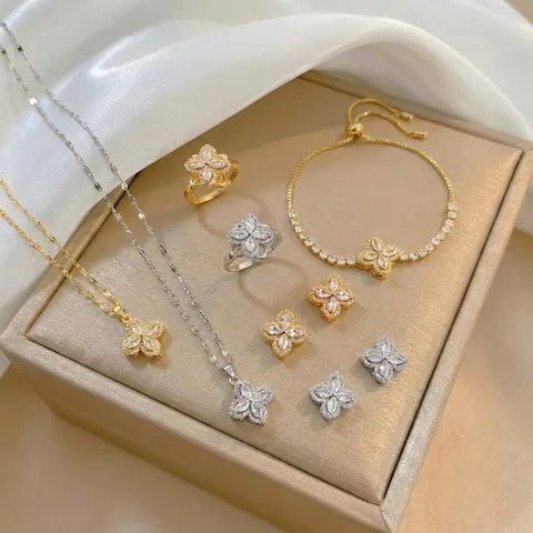 Titanium Steel Flower Necklace Earrings Ring Bracelet With Zirconia Inlay Gold Silver Plated Elegant Fashion Jewelry For Women