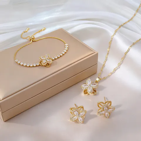 Titanium Steel Flower Necklace Earrings Ring Bracelet With Zirconia Inlay Gold Silver Plated Elegant Fashion Jewelry For Women