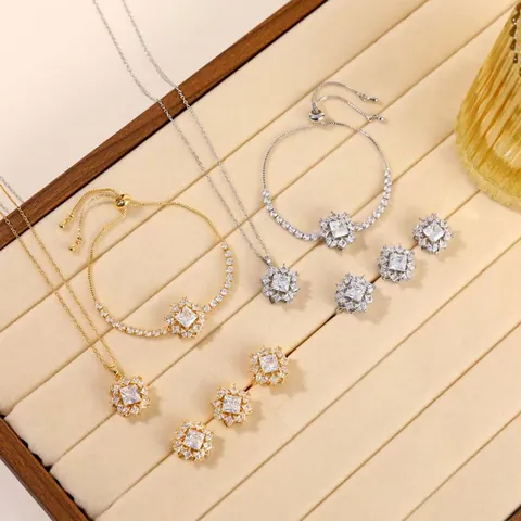 Rotating Floral Zirconia Jewelry Set Titanium Steel Square Stone Necklace Earrings Ring Bracelet For Women Wedding Party Jewelry